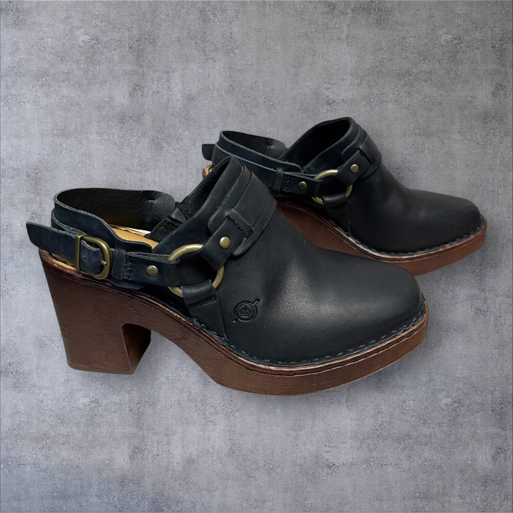 Born Hudson Slingback Platform Clogs Black Leather Square Toe Womens 8 Harness